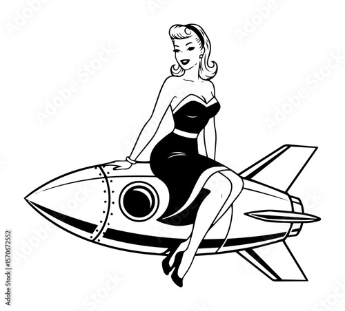 pinup girl sitting on rocket retro vector silhouette