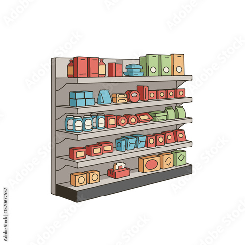 Pantry shelf stocked with colorful food packages and jars  
