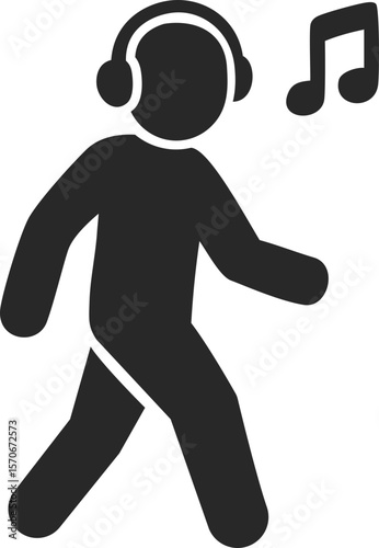 Person walking with headphones solid icon used in joyful lifestyle, music, and daily activity designs.