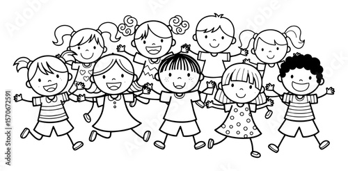 happy kids group holding hands cartoon vector outline