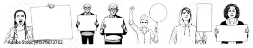 group of people protesting with blank signs sketch set