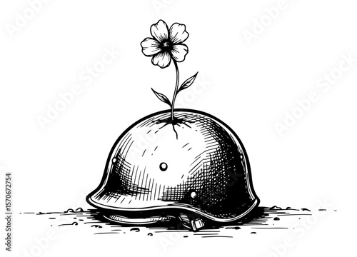 flower growing from army helmet peace symbol sketch vector
