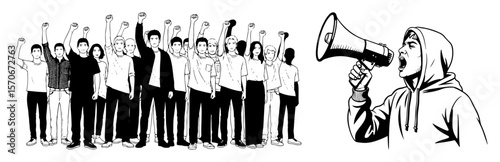group of people protesting with megaphone