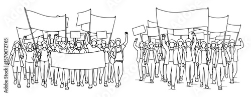 crowd of protesters with banners and flags