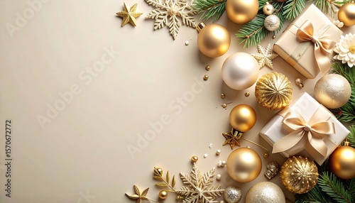 Festive holiday decorations christmas celebration image of ornaments and gifts elegant setting aesthetic viewpoint seasonal vibes