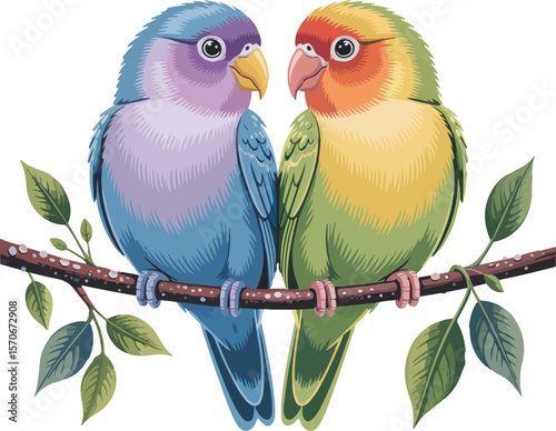 Two lovebirds perched on a branch, facing each other affectionately.