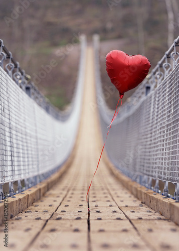 endless beautiful long bridge in the forest with a red heart balloon - silence in nature