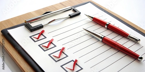 Wallpaper Mural Completed checklist on clipboard with red checkmarks and pens for task organization Torontodigital.ca