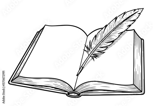 open book with feather quill sketch