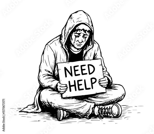 homeless person sitting with need help sign