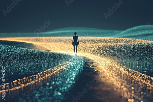A person standing at the edge of a vast digital matrix, pixelated reality dissolving into code around them
