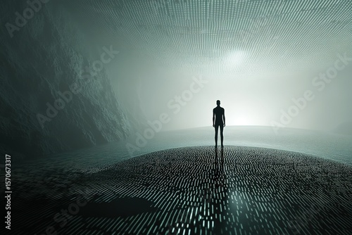 A person standing at the edge of a vast digital matrix, pixelated reality dissolving into code around them