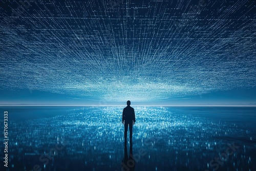 A person standing at the edge of a vast digital matrix, pixelated reality dissolving into code around them