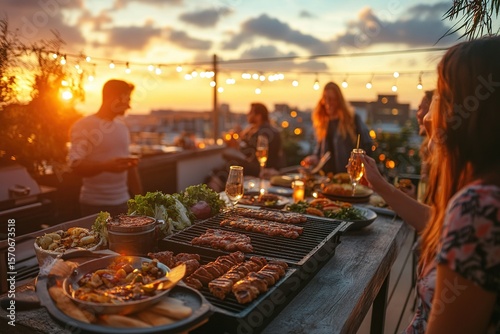A stylish rooftop barbecue party at sunset, delicious grilled food on the table, fairy lights glowing, friends laughing