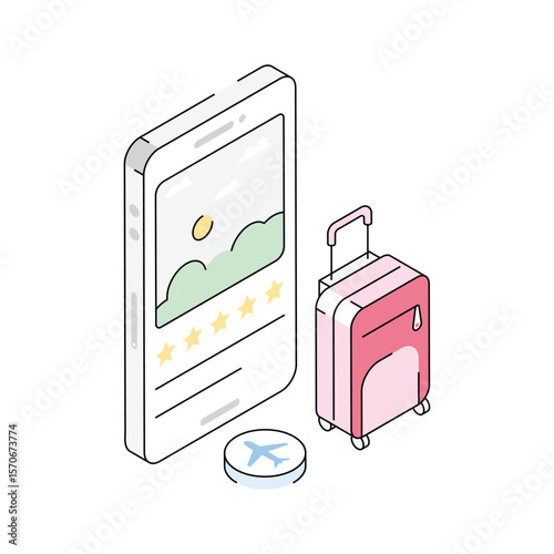 A modern isometric icon showing a travel app interface