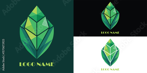 Vector illustration of a striking geometric green leaf logo design, presented in multiple formats for versatile branding applications