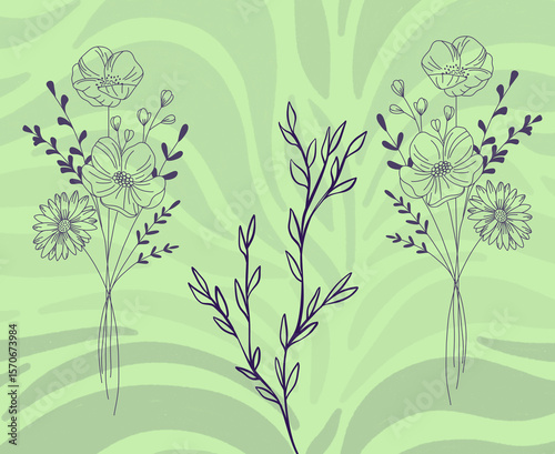 Abstract floral one-line drawing arrangement with  texture in shades of violet on a grey and  light green background colour