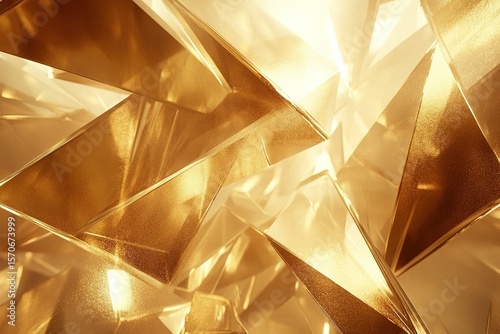 Golden geometric shapes floating in a weightless void, soft ambient glow, elegant and futuristic aesthetic