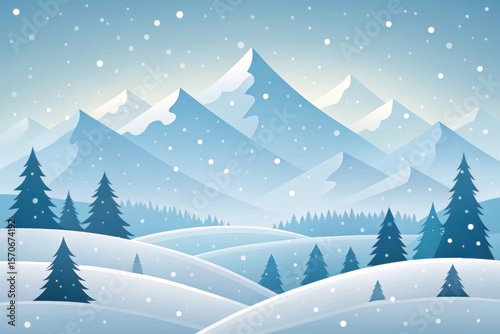 Serene winter mountain landscape with falling snow and evergreen trees