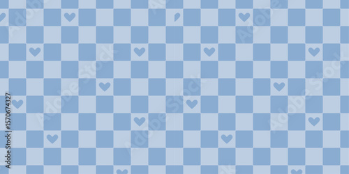 Cute Blue Gingham Fabric Square Checkered and Love in a Seamless Pattern Baby Blue Style Vintage Background Vector