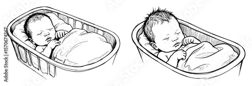 two sleeping babies in baskets sketch