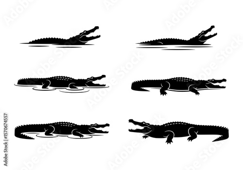 Vector silhouette of a collection of black alligator silhouettes in various poses, isolated on a white background