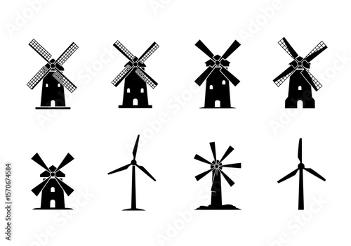 Vector silhouette of a collection of black and white windmill and wind turbine icons isolated on white background