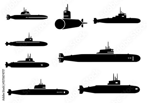 Vector silhouette of a collection of black submarine silhouettes isolated on a white background