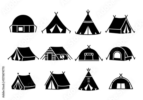 Vector silhouette of a collection of diverse camping tent icons isolated on a white background