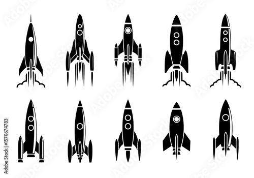 Vector silhouette of a collection of diverse rocket ship silhouettes in black and white, isolated on a white background