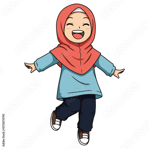 Joyful Muslim Girl Cartoon Illustration Happy Child in Hijab, Cheerful Expression, Fun Jump