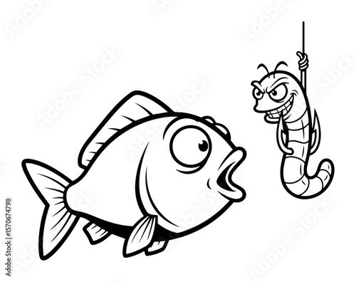 funny fish and worm on hook cartoon