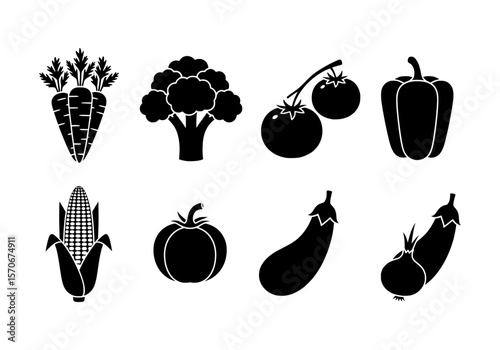 Vector silhouette of a collection of eight black vegetable icons isolated on a white background