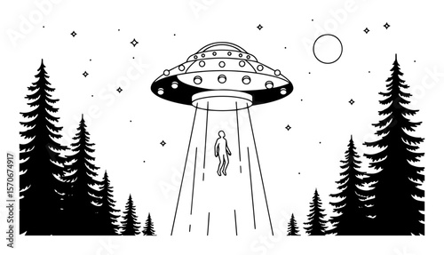 ufo abducting human in forest night scene
