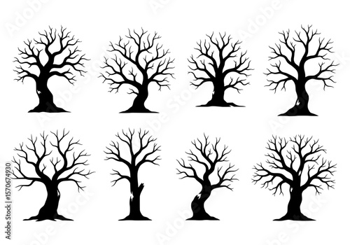 Vector silhouette of a collection of eight distinct bare tree silhouettes isolated on a white background