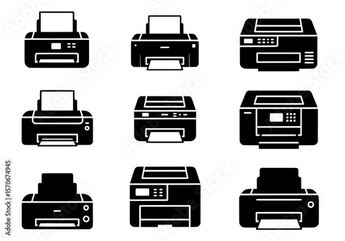 Vector silhouette of a collection of nine black and white printer icons, isolated on a white background