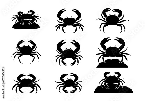 Vector silhouette of a collection of nine black crab silhouettes isolated on a white background