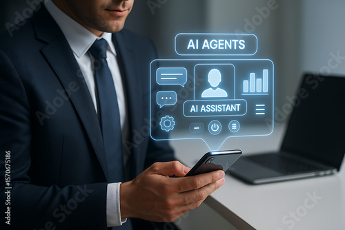Wallpaper Mural Businessman interacting with smart AI chatbot interface for business, AI chatbot, artificial intelligence, smart assistant, ChatGPT concept, business automation, enterprise AI, tech innovation
 Torontodigital.ca