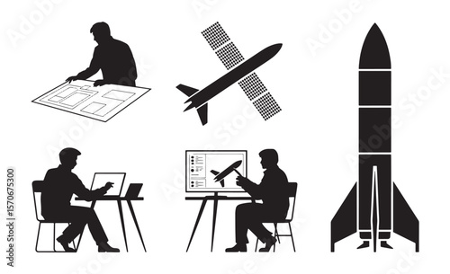 Engineers designing and building rockets and satellites with computers and blueprints