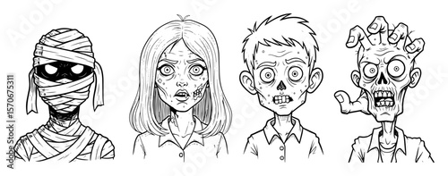 horror monster head set zombie mummy girl line art illustration