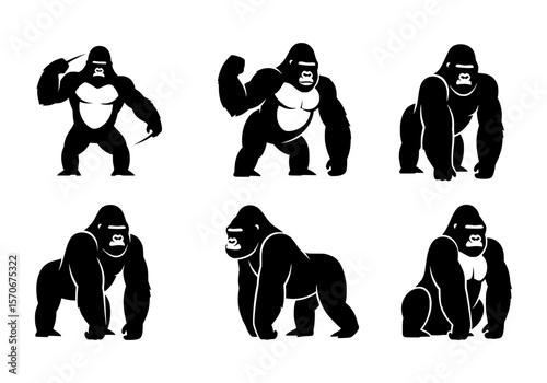 Vector silhouette of a collection of six black and white silhouette silhouettes of gorillas in various poses, isolated on a white backgr