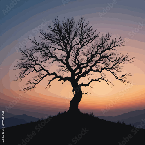 Silhouette of a Bare Tree on a Hill at Sunset, with a Gradient Sky and Distant Mountains