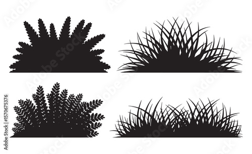 Collection of four black silhouettes of grass and foliage on a white background