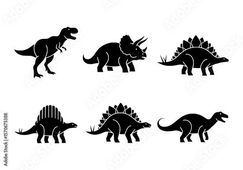 Vector silhouette of a collection of six distinct dinosaur silhouettes isolated on a white background