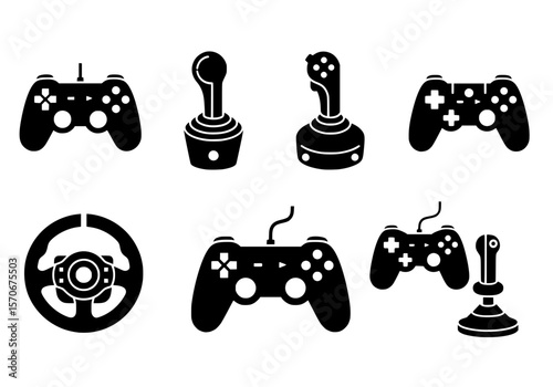 Vector silhouette of a collection of various video game controllers, joysticks, and a steering wheel isolated on white background
