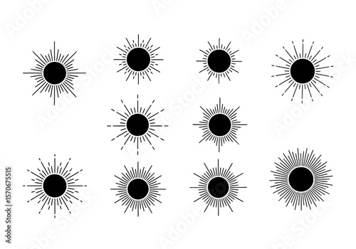 Vector silhouette of a collection of stylized sunburst icons isolated on a white background