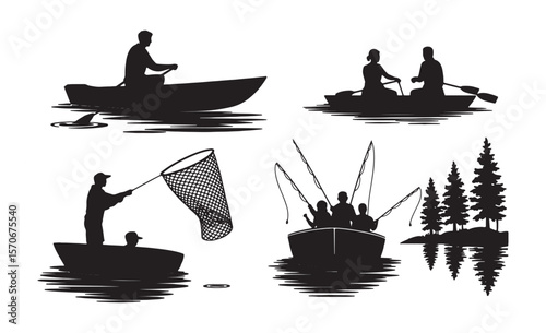 Diverse silhouettes of people enjoying fishing and boating on a lake