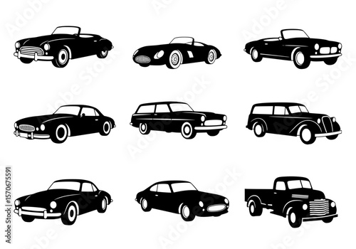 Vector silhouette of a diverse collection of vintage car silhouettes isolated on a white background