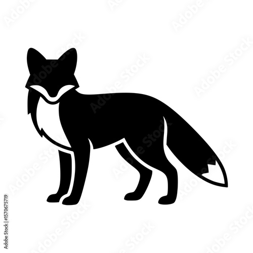 Vector silhouette of a striking black silhouette of a fox standing alert on a white background, isolated for design