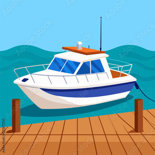 An illustration of a white and blue motorboat moored at a wooden pier on a sunny day, with calm water in the background, showcasing a peaceful maritime scene.